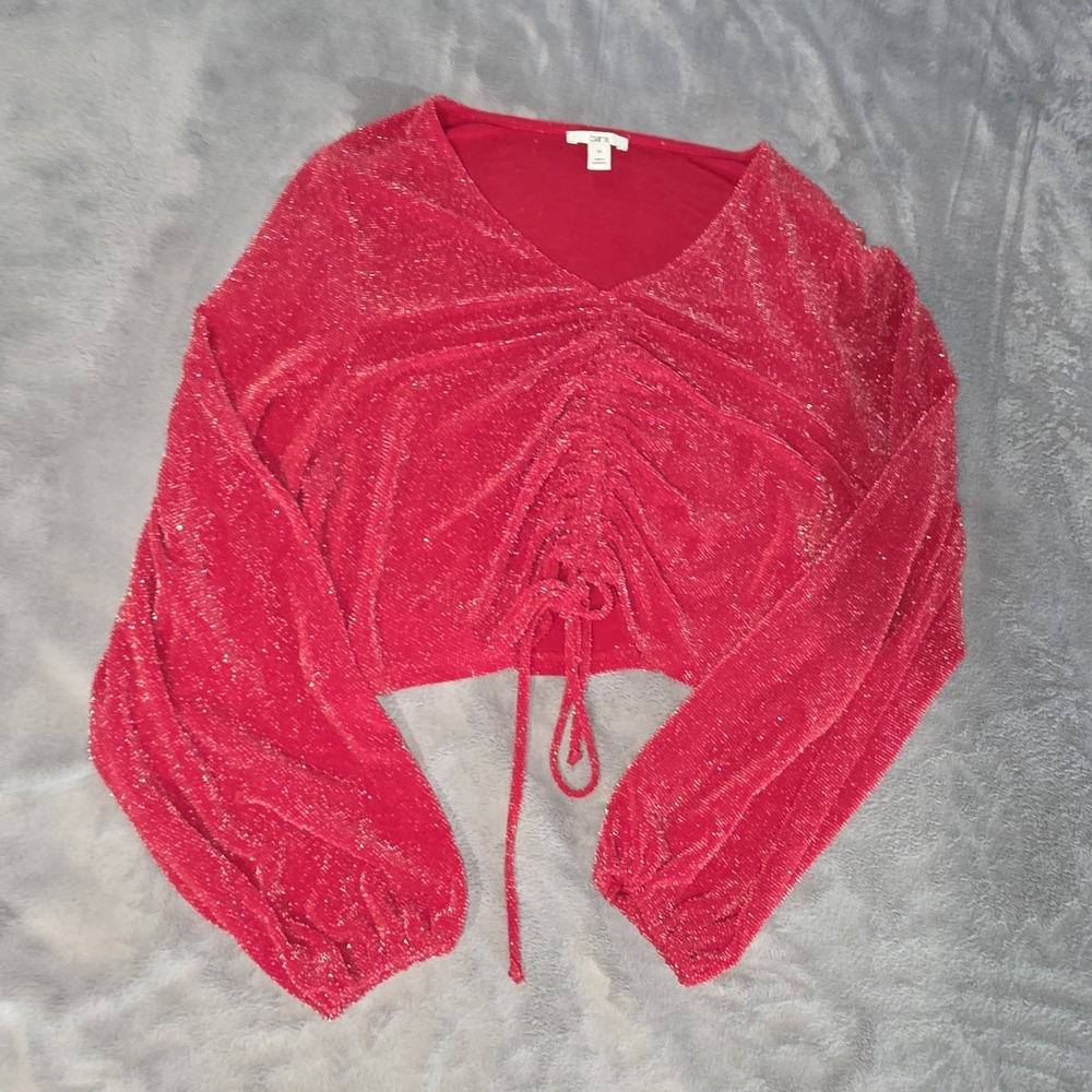 Bar III Womens Red Long Sleeve‎ Cropped Sparkly Sweater Size 2XL